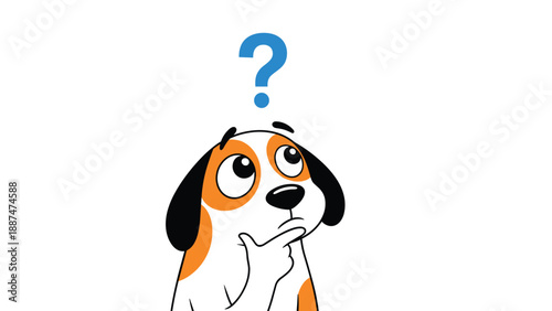 Cute brown and white dog looking up thoughtfully at a blue question mark appearing over its head against a white background.