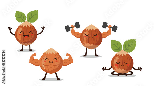 Collection of hazelnut characters showing different states like being happy, showing muscles, and meditating in peace.