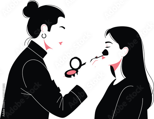 Beauty illustration, makeup artist applying blush, cosmetic care, fashion portrait, minimalistic vector, stylish grooming, skincare concept, professional artistry, elegant design, modern lifestyle