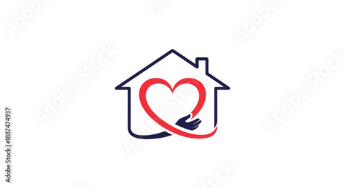 Stylized blue house outline enclosing a red heart shaped by a hand representing home care family love and real estate.