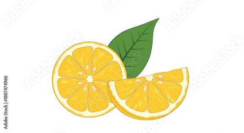 Whole slice and a wedge of a yellow lemon with a green leaf isolated on a white background for fruit and citrus themed graphics.