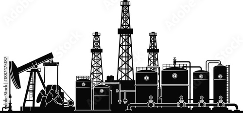 Oil refinery silhouette vector illustration, pumpjack and drilling rigs, industrial petroleum facility, storage tanks, pipelines, energy production infrastructure, black and white design