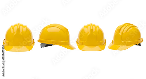 Set of Yellow Construction Safety Helmets Isolated on White Background. Industrial Hard Hat Collection 3D Render.