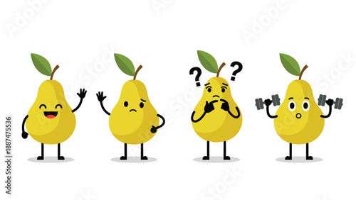 Four yellow pear characters expressing different emotions like happiness, sadness, confusion, and exercising with weights.