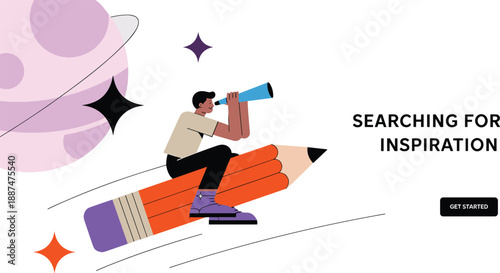 Creative inspiration concept illustration, designer searching ideas, modern flat character riding pencil, innovation vision, digital creativity banner, isolated background
