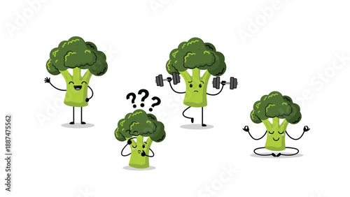 Collection of green broccoli characters showing various actions like waving, thinking, exercising, and meditating.
