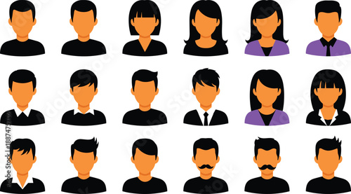 Stylized avatar collection, diverse human characters, flat minimalistic design, professional and casual attire, vector illustration for profiles, digital platforms, creative identity representation
