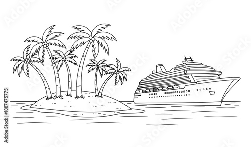 Black and white tropical island and cruise ship flat vector icon illustration on white background