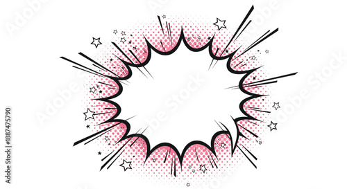 Dynamic comic book style explosion speech bubble with star shapes and halftone patterns for action packed designs.