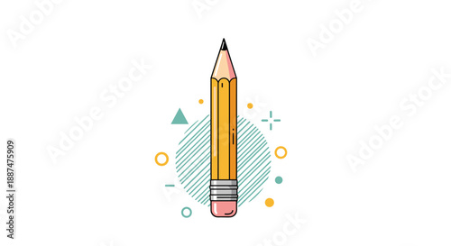 Stylish illustration of a yellow pencil standing vertically over an abstract background with shapes and lines.