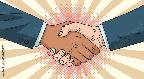 Comic book style illustration of a handshake between two people in business suits against a sunburst background.