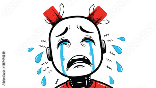 Sad robot character with a rounded white head and red metallic body crying profusely with large blue teardrops in a modern style.