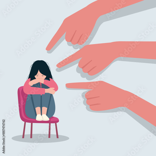 Social Bullying and Discrimination Concept Vector Illustration of a Sad Woman Facing Pressure from Giant Pointing Fingers and Public Judgment
