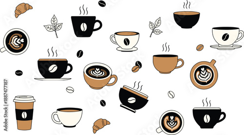 Hand drawn coffee pattern illustration with cups beans croissants, cozy cafe drink background for menu branding packaging poster vector design