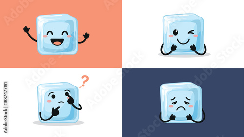 Set of four ice cube characters on colorful backgrounds displaying varied emotions like joy, curiosity, sadness, and playfulness.