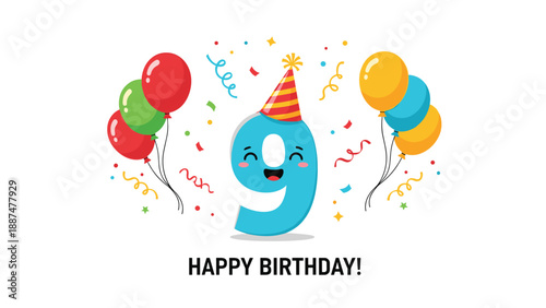 Happy blue number nine character wearing a colorful party hat and surrounded by balloons and confetti for a birthday celebration.