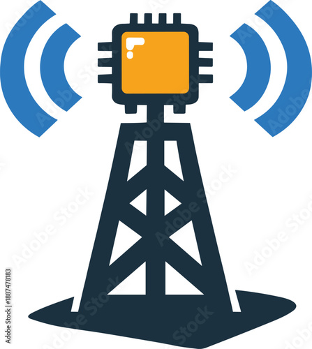 Radio tower chip icon with wireless signal waves