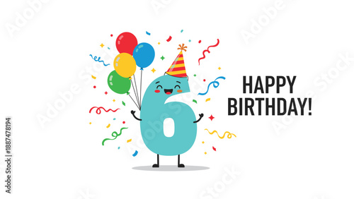 Happy blue number six character wearing a festive party hat and holding a bunch of balloons for a birthday greeting.