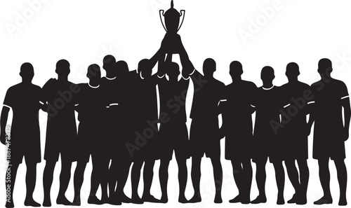 Silhouette of a Soccer Team Celebrating Victory with Championship Trophy, Group of Players Winning Match on White Background , Generative Ai