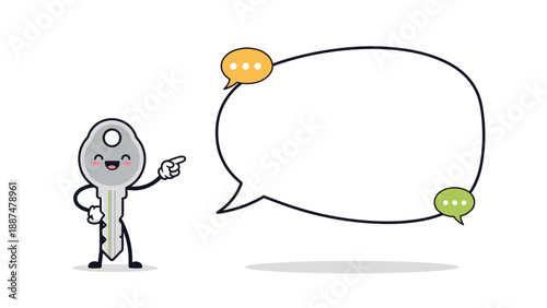 Friendly silver key character pointing its finger to a large blank speech bubble for security or housing message.