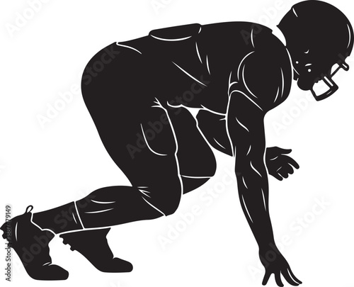Side profile silhouette of an American football player in a low starting stance prepared for kickoff , Generative Ai