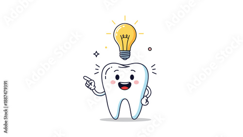 Smart white tooth character pointing its finger with a glowing lightbulb idea above its head for dental care.