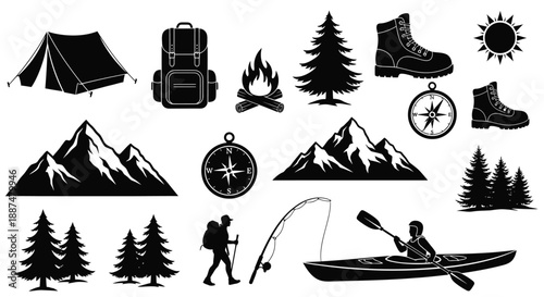 Camping and hiking icons set for outdoor adventure