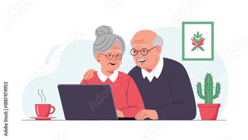 Happy senior man and woman sitting together at a table and using a laptop for communication or technology learning.