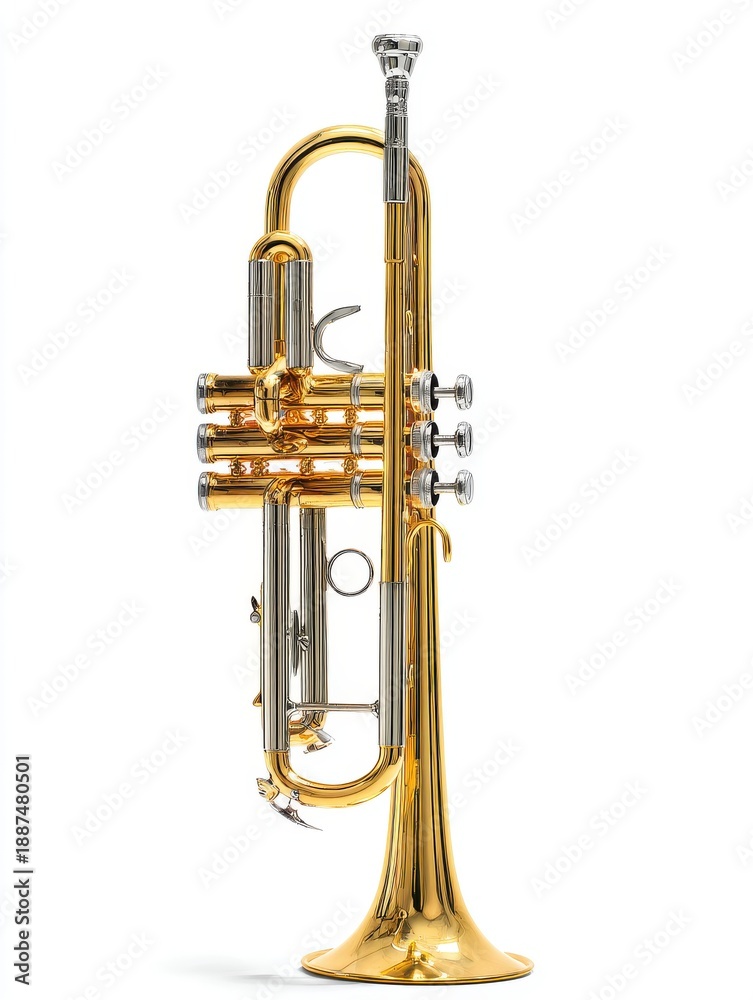 Fototapeta premium Golden Brass Trumpet Musical Instrument With Silver Valves On White Background Studio Shot