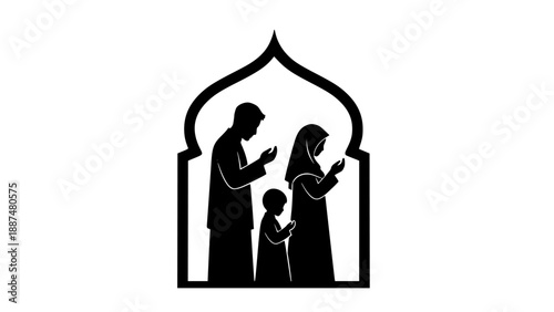A muslim family praying together in a mosque shaped arch, representing faith and devotion Vector, illustration
