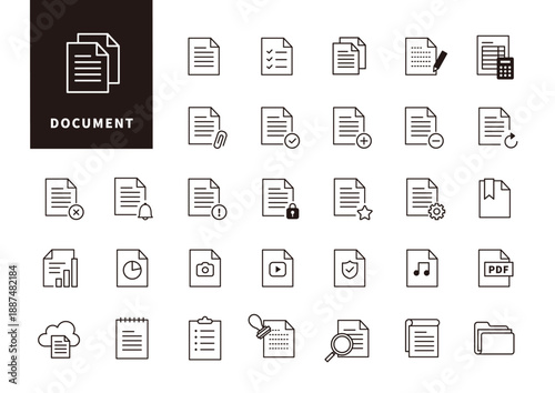 ファイル操作や書類管理の工程を示すドキュメントアウトラインアイコンセット