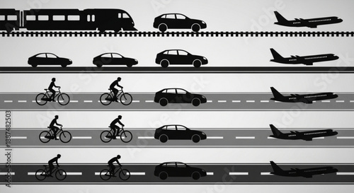 Black and white transportation infrastructure silhouettes arranged in rows