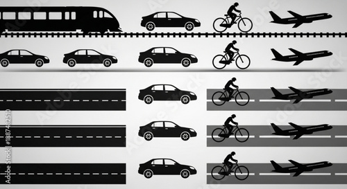 Black and white transportation infrastructure silhouettes arranged in rows