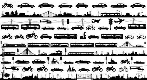 Black and white transportation infrastructure silhouettes arranged in rows