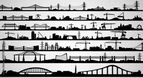 Black and white transportation infrastructure silhouettes arranged in rows