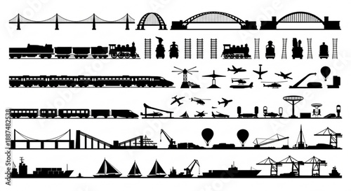 Black and white transportation infrastructure silhouettes arranged in rows