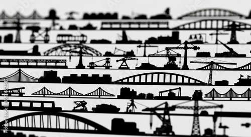 Black and white transportation infrastructure silhouettes arranged in rows
