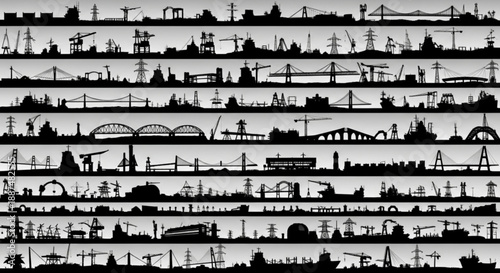 Black and white transportation infrastructure silhouettes arranged in rows