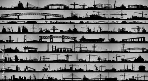 Black and white transportation infrastructure silhouettes arranged in rows