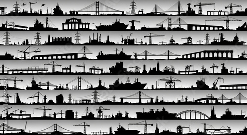 Black and white transportation infrastructure silhouettes arranged in rows