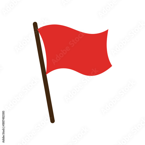 Red waving flag on dark brown wooden pole simple flat vector illustration isolated for marking location or signaling victory