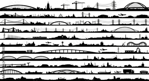 Black and white transportation infrastructure silhouettes arranged in rows