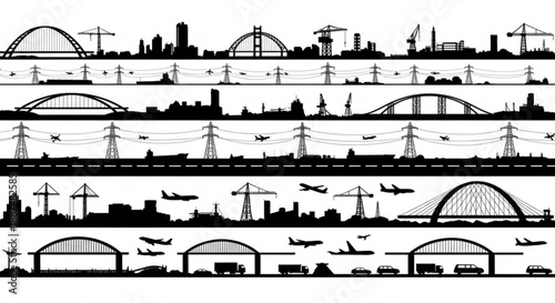 Black and white transportation infrastructure silhouettes arranged in rows