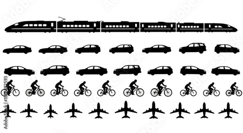 Black and white transportation infrastructure silhouettes arranged in rows