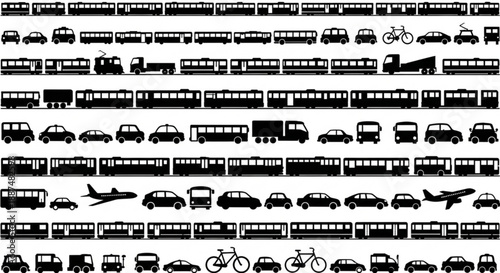 Black and white transportation infrastructure silhouettes arranged in rows