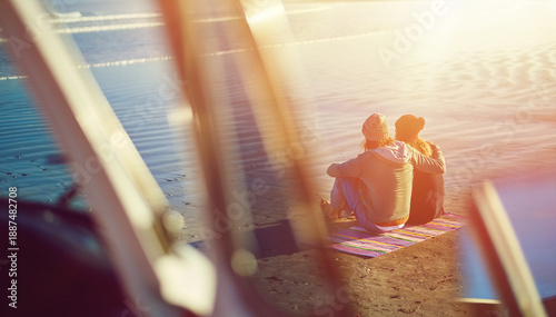 Fotografía Couple, hug and relax at beach on vacation, holiday and travel on road trip together with back view