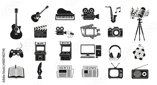 Black and white entertainment and media silhouettes arranged in vector rows