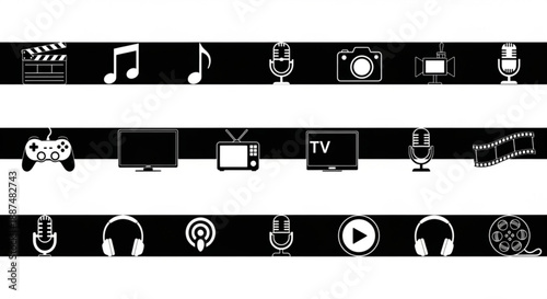 Black and white entertainment and media silhouettes arranged in vector rows
