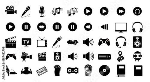 Black and white entertainment and media silhouettes arranged in vector rows