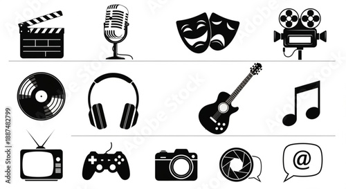 Black and white entertainment and media silhouettes arranged in vector rows